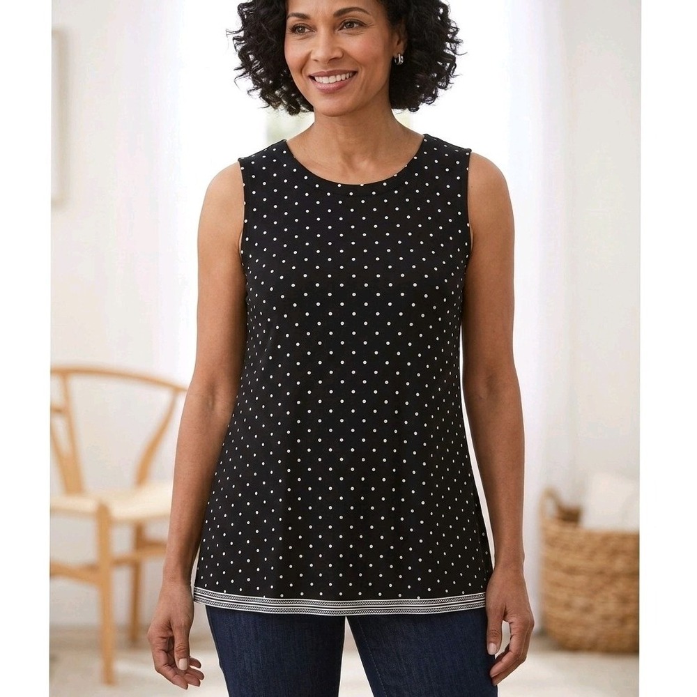 J Jill Wearever Tank Top L Large Black White Polka Dot Sleeveless Knit Tunic